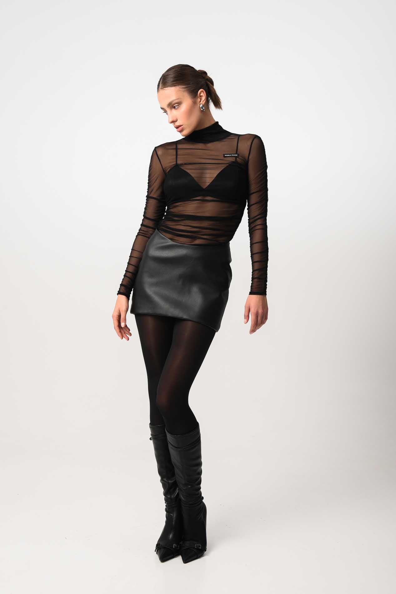 Curved Waist Leather Mini Skirt In Black