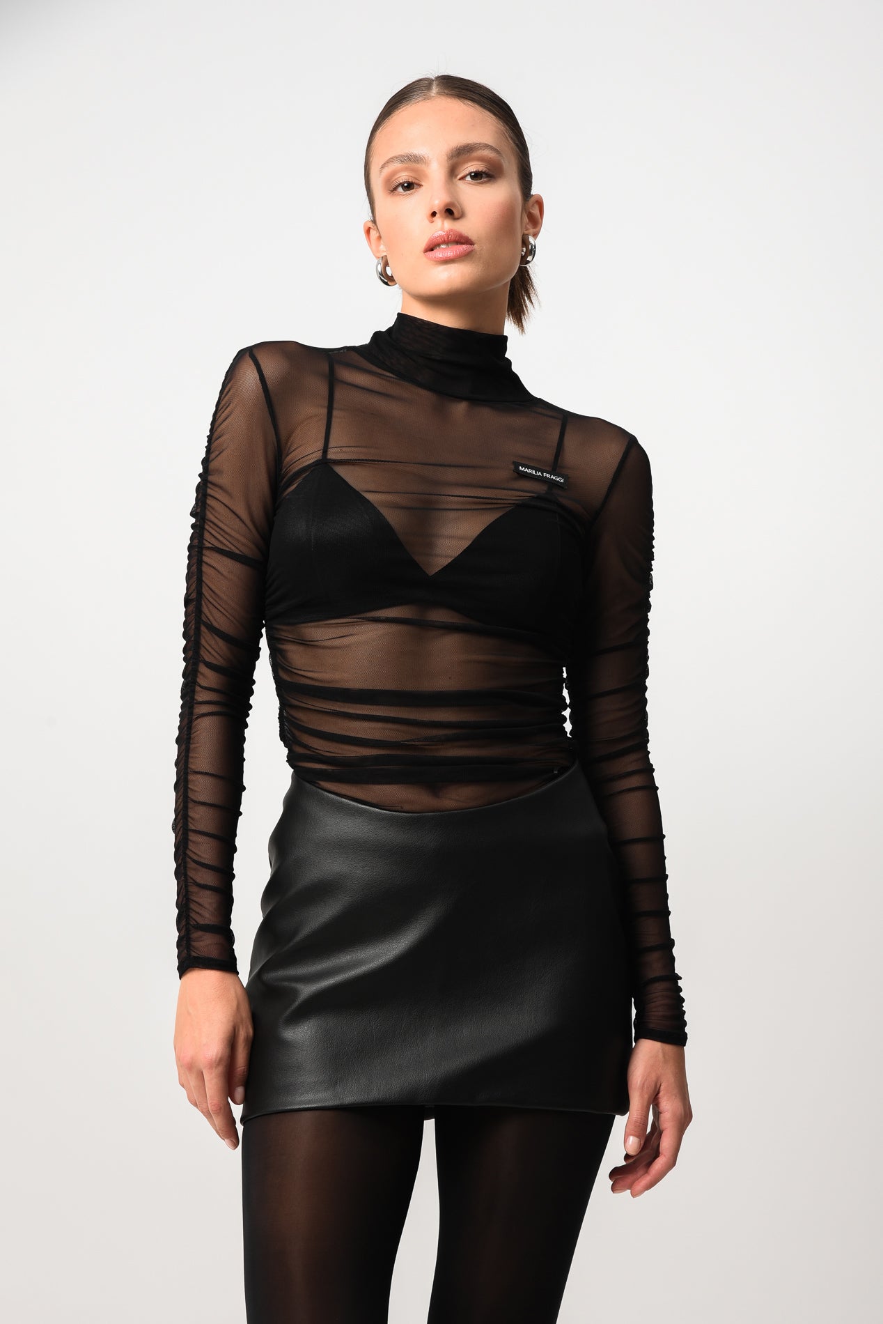 Curved Waist Leather Mini Skirt In Black