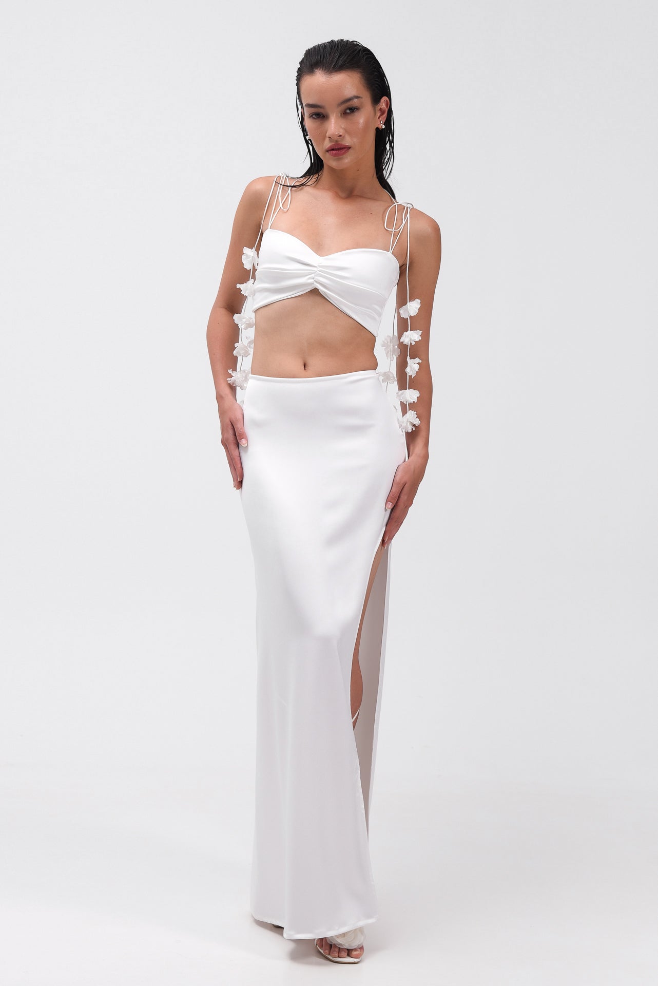 Satin Maxi Skirt With Split In Off-White
