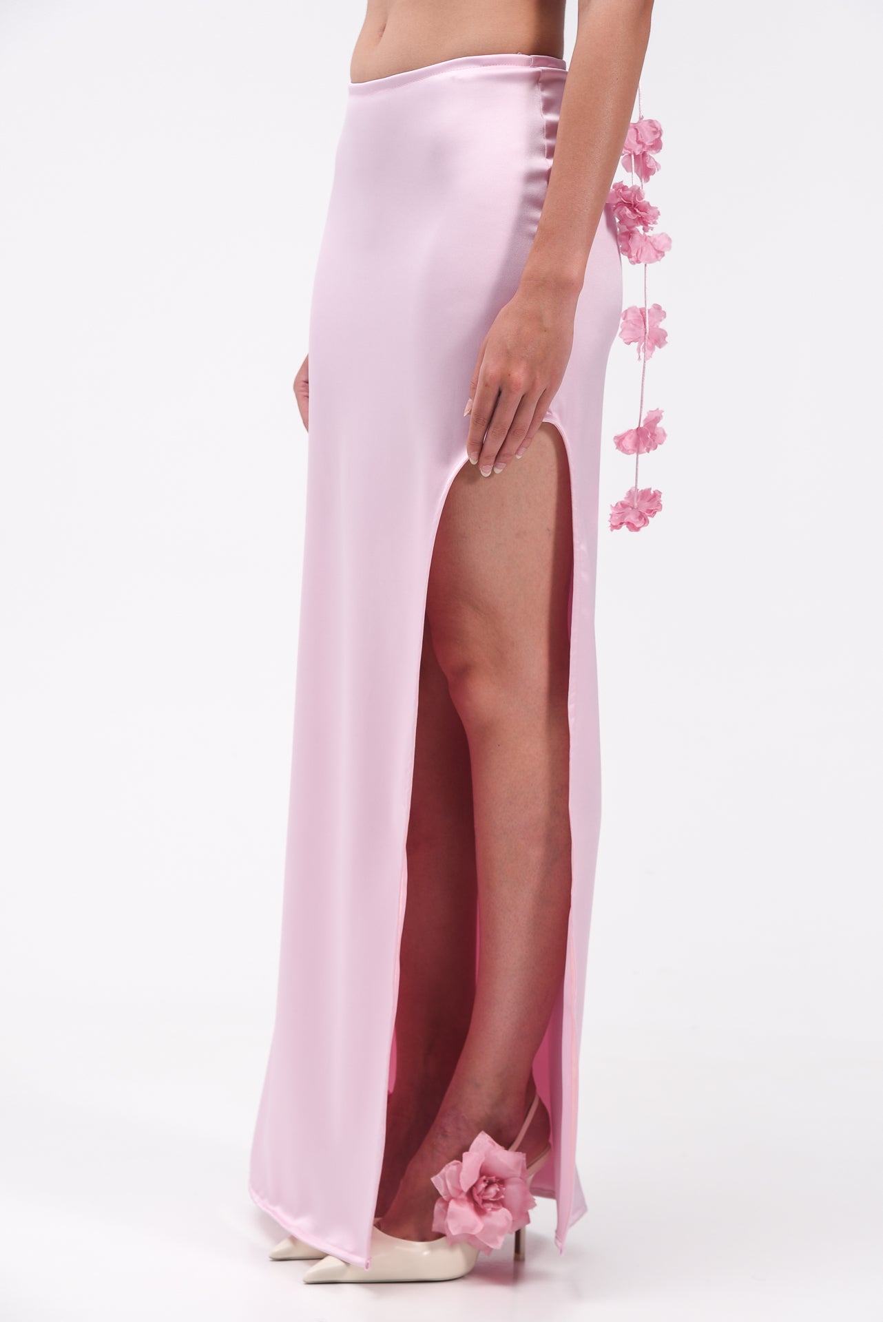 Satin Maxi Skirt With Split In Pink