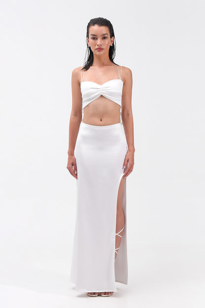 Satin Maxi Skirt With Split In Off-White
