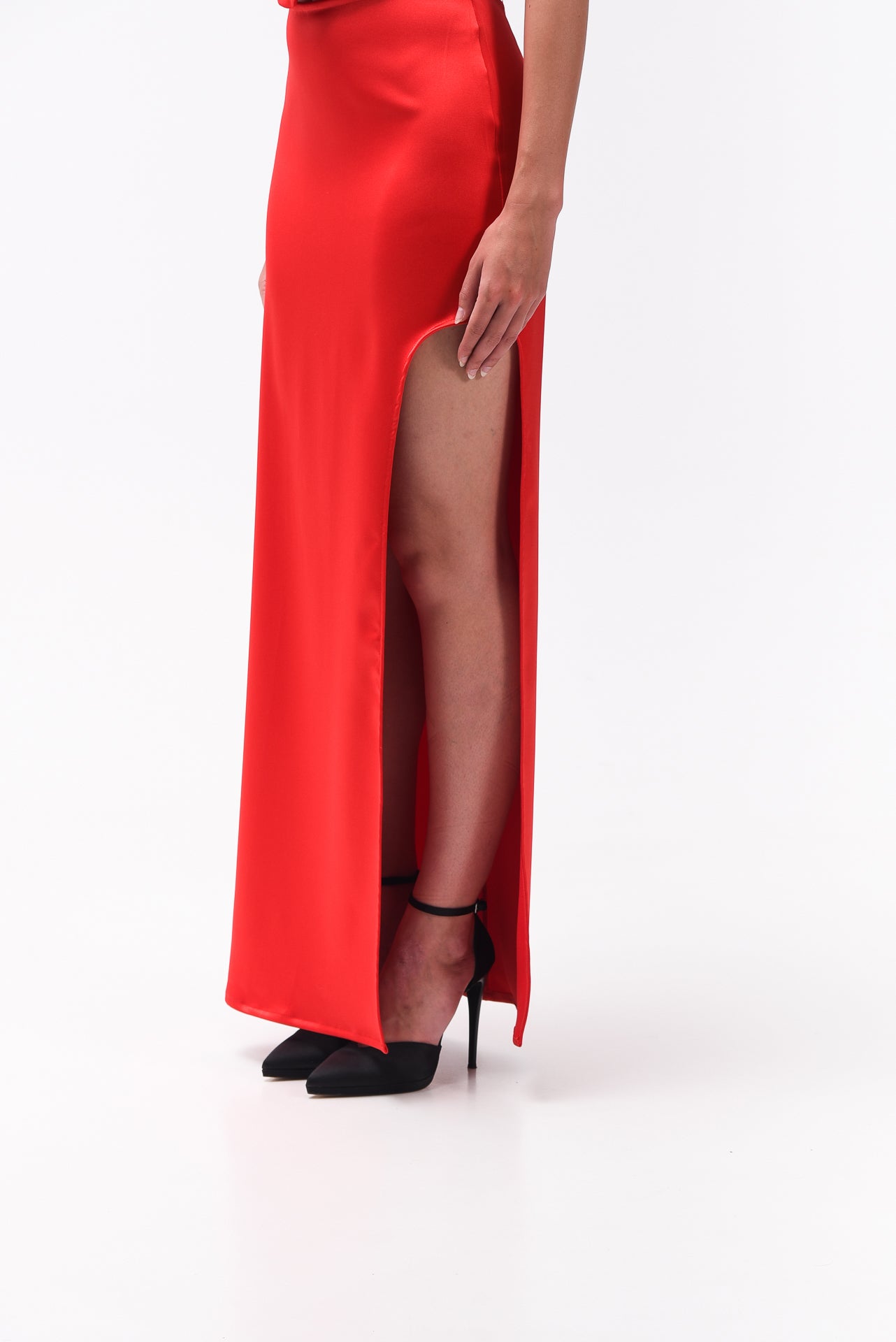 Satin Maxi Skirt With Split In Red