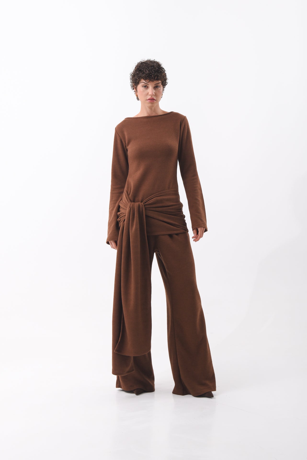 Brown Front-Knot Knit Top