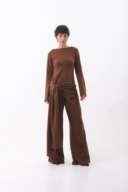 Brown Front-Knot Knit Top