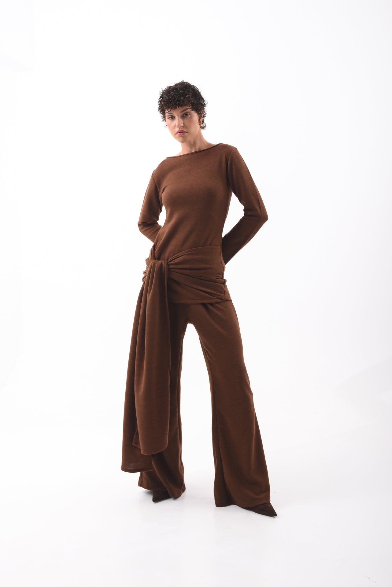 Brown Front-Knot Knit Top