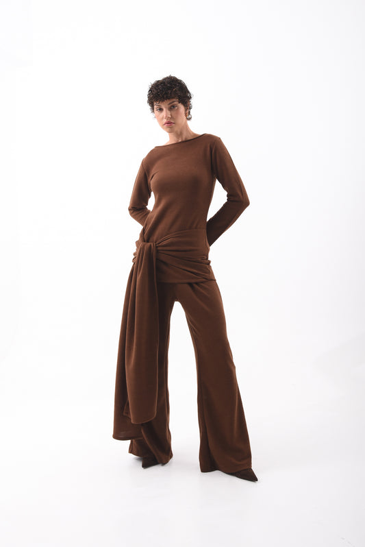 Brown Front-Knot Knit Top