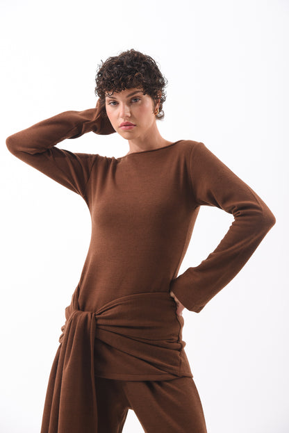 Brown Front-Knot Knit Top