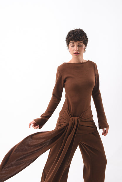 Brown Front-Knot Knit Top