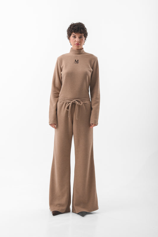 Beige Flared Knit Trousers
