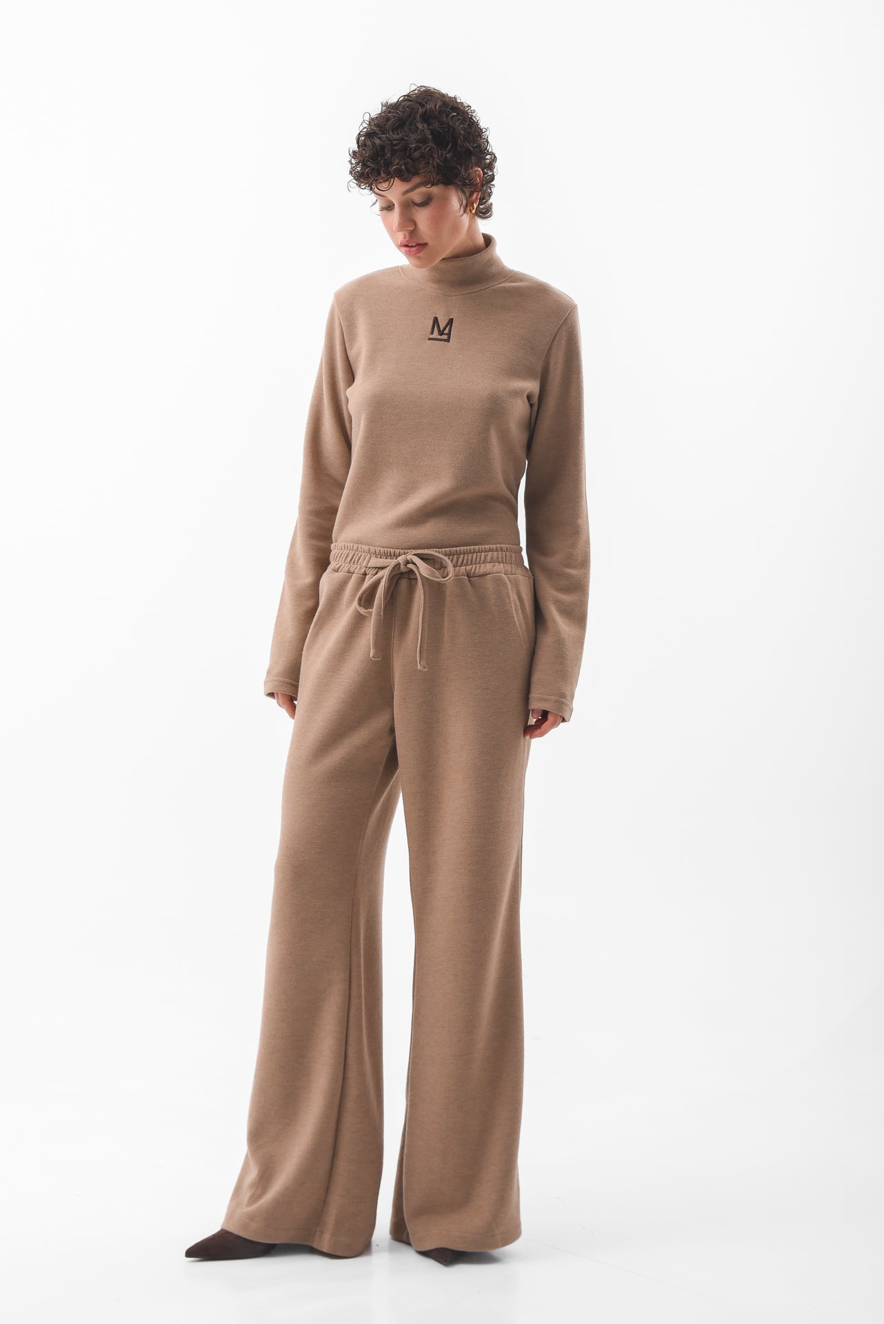 Beige Flared Knit Trousers