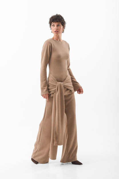 Beige Front-Knot Knit Top