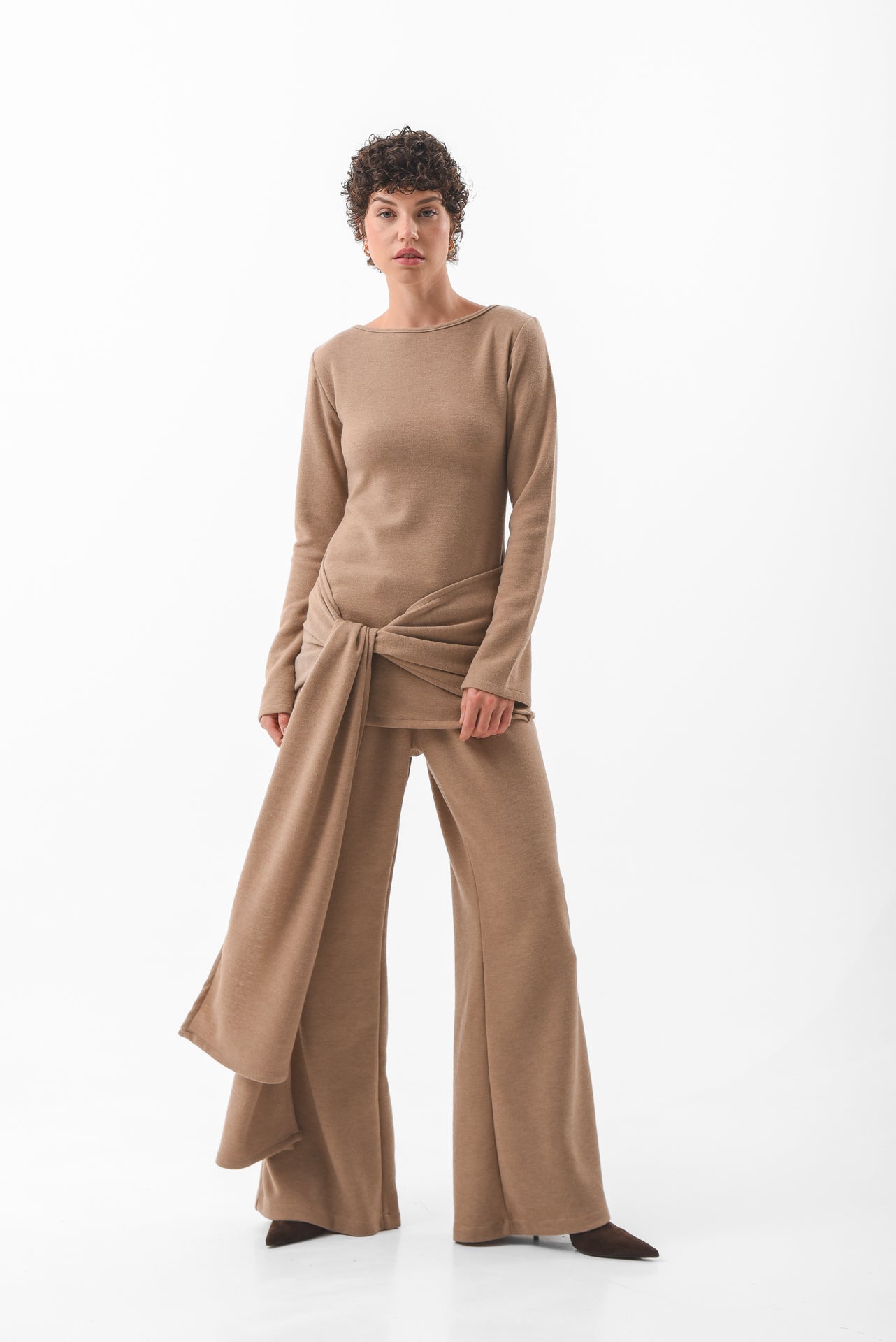 Beige Front-Knot Knit Top