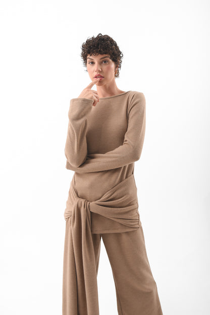 Beige Front-Knot Knit Top