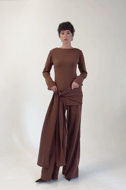 Brown Front-Knot Knit Top