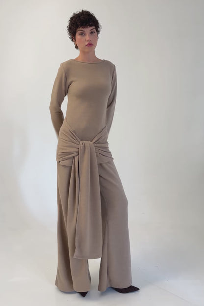 Beige Front-Knot Knit Top